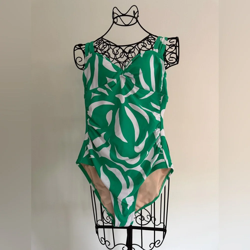 Shade shore one piece bathing suit in white and green with gold tone design - Picture 10 of 10